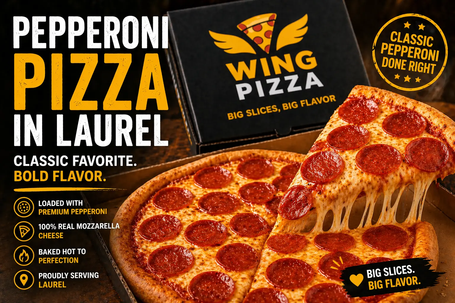 Pepperoni pizza Laurel crispy crust loaded with pepperoni and melted cheese